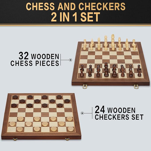 2 in 1 Magnetic Wooden Chess and Checkers Board Game Set 15 Folding Chess Boards with 2 Extra Queens Portable Travel Chess Sets with Pieces Storage Slots Beginner Chess Game Set for Kids Adults