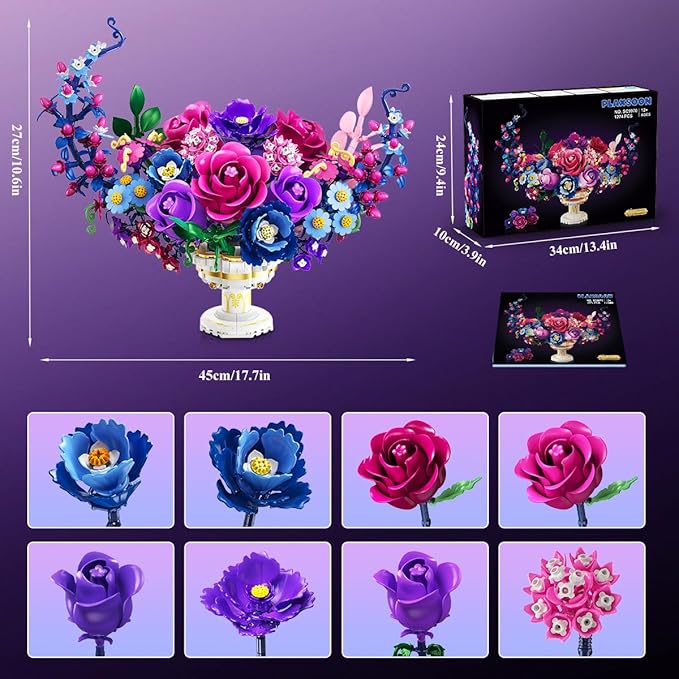 Moon Flower Bouquet Building Set with Lights Valentines Day Flowers Botanicals Building Block Kit 1274 PCS Bonsai Plant Collection Home Decor Gift for Her Adults Women Boys Girls 12+