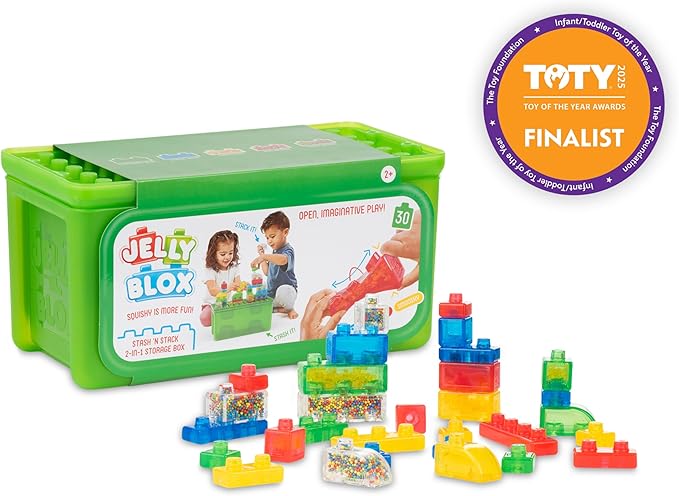 Jelly Blox Stash 'N Stack 2-in-1 Storage Case with 30 Blocks | Toddler &amp Preschool Building Blocks Kids Can Squeeze &amp Stretch | MESH ACCREDITED | Safety Tested &amp Ouch-Free | Sensory Play T