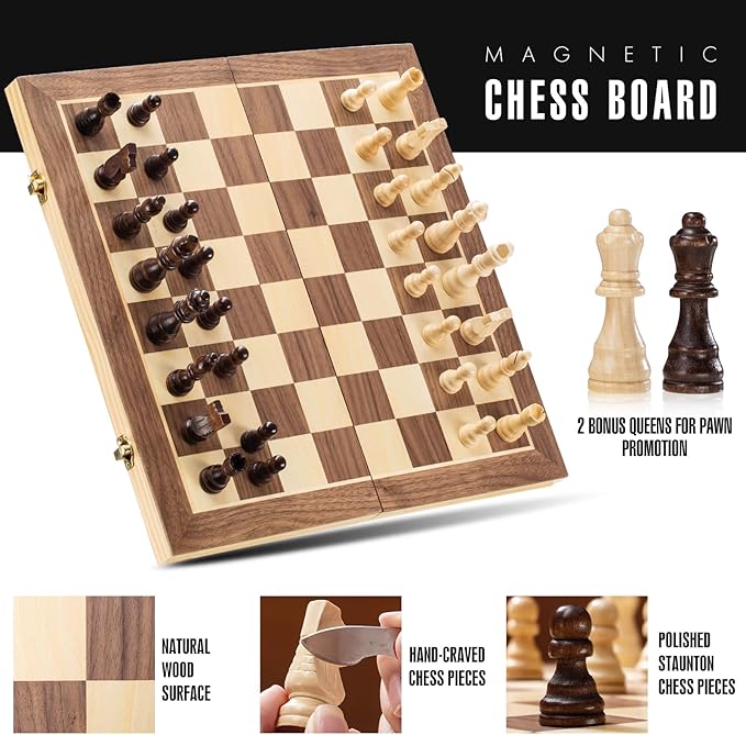 ASNEY Upgraded Magnetic Chess Set 15 Tournament Staunton Wooden Chess Board Game Set with Magnets Crafted Chesspiece ans Storage Slots for Kids Adult Includes Extra Queens