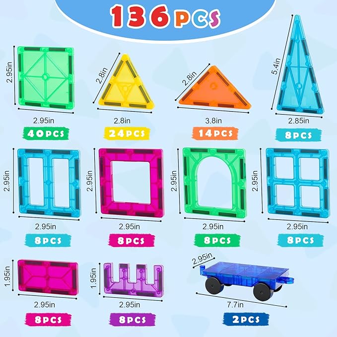 Gemmicc Magnetic Tiles Deluxe 136 PCS Building Blocks Magnet Toys for Kids3D Magnet Puzzles Stacking Blocks for Boys GirlsHuge Set with 2 Cars