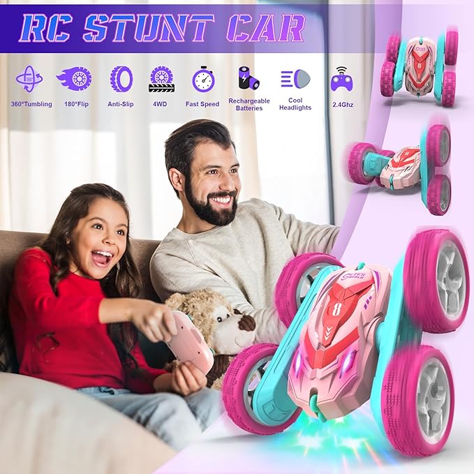 RC Stunt Cars Remote Control Car Double Sided 360° Flip Rotating 4WD 2.4Ghz Rechargeable Car Toy with Headlights For Outdoor &amp Indoor for 6-12 years old Kids Girls Boys Birthday Xmas Gift Pink