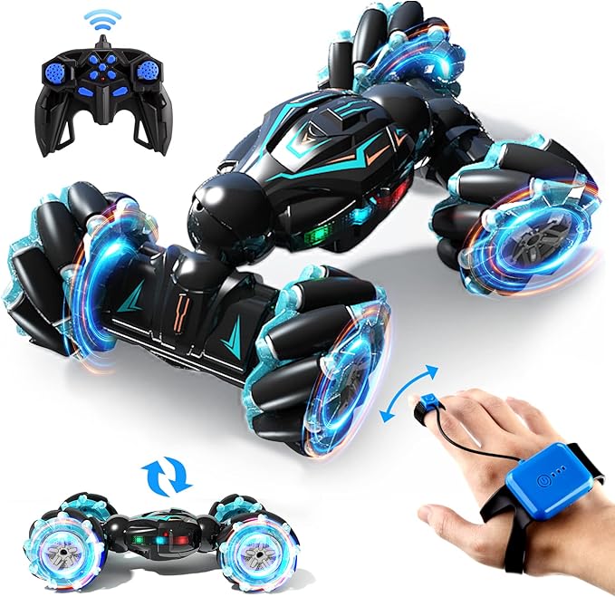 Deejoy 1:12 Gesture Sensing RC Stunt Car 2.4GHz 4WD Hand Controlled Remote Control Car for Boys 8-12 Double Sided Rotating Off Road Vehicle 360° Flips with Lights Music for Birthday