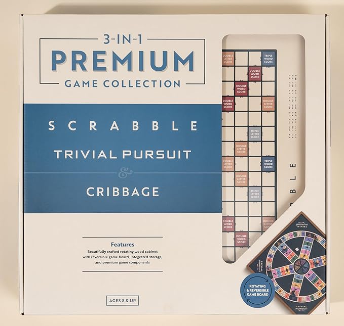 Scrabble Trivial Pursuit and Cribbage 3-in-1 Premium Game Collection by WS Game Company with Rotating Wooden Cabinet Reversible Game Board and Built-in Storage Family Board Games for 2-6 Players