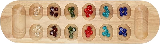 WE Games Classic Mancala Board Game 22 inch Large Natural Wood Board with Assorted Glass Mancala Stones African Stone Game Table Top Décor