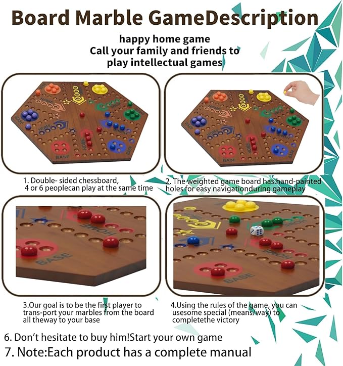 Wooden Board Games- -Marble Board Game -Surfacepainting-Double Sided Painted 15inch Fast Track for 6 and 4 Players with 6 Colors 30 Marbles 6 Dice for Kids Friends Family Game Party (Walnut)