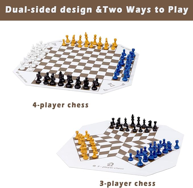 3 or 4 Player Chess Board Game Set64 Pieces Colorful ChessChess Game for Team with a Leather Game Mat