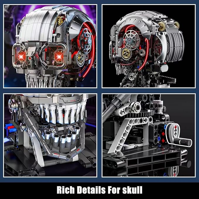 Fangool Mechanical Skeleton Head Building Blocks Set Scary Zombie Themed Skull Action Figure Toy Kit Horror Scene Decoration Kit Halloween Christmas or Birthday Gifts for Friends 1099 Pcs