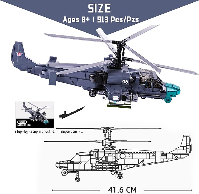 Kamov Ka-52 Scout Attack Helicopter Building Toy - Army Set with 913 PCS 1:30 Scale Includes 2 Toy Soldiers - Fun for Kids and Adults
