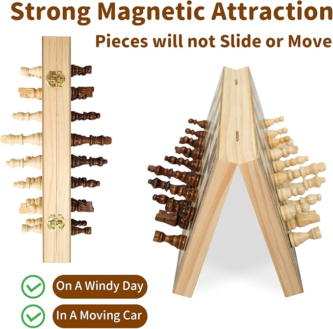Magnetic Wooden Chess Board Set – 15.3 Folding Travel Chess Sets with Storage Slots – 2 Extra Queens Chess Board Set for Kids Adults Beginners – Portable Chess Game with Pieces Storage