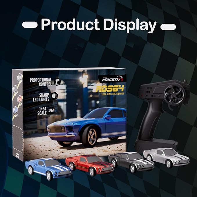 1/64 Scale Drift RC Car2.4Ghz Mini Sports CarEquipped with LED Lights and Mustang Retro Cars with Built-in GyroscopeProfessional Rear Wheel Drive30 Minute Driving Time (Black)
