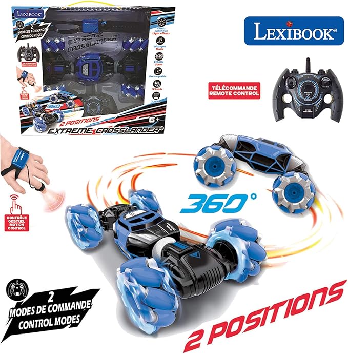 LEXiBOOK Extreme Crosslander Off-Road Remote Control car up to 12km/h Light Effects Remote Control &amp Gesture Control Bracelet Included Music Rechargeable RC50