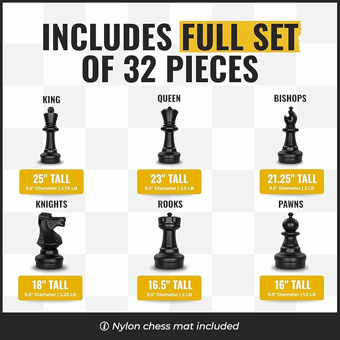 MegaChess Giant Chess Set Game with 25 Tall King - A Large Chess Set Yard Game for Families Looking for Outdoor Jumbo Games - 32 Large Pieces Made from Durable HDPE (Nylon Mat Board Included)