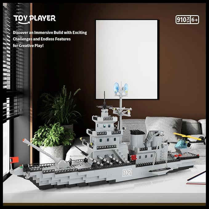 WW2 Military Battleship Building Block Set Large-SizedCruiser Toy Military Battle Ship Toy with Helicopter and City Lifeboat A Gift Compatible with Lego Sets for Boys 8-14 &amp Adults (910pcs)