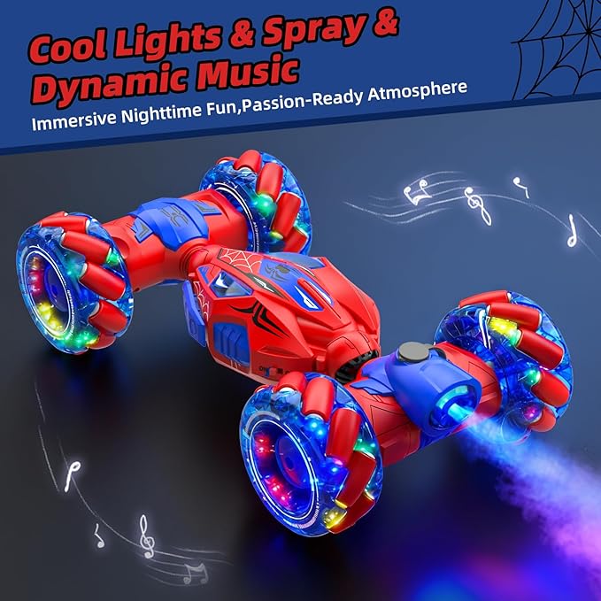 Unique 4WD 360° Rotating Gesture Sensing RC Stunt Car Double‑Sided Driving RC Drift Car with Lights Music &amp Spray Kids Outdoor Cars Toys for Ages 6-12 Gifts for Boys 6-122 Replaceable Batteri
