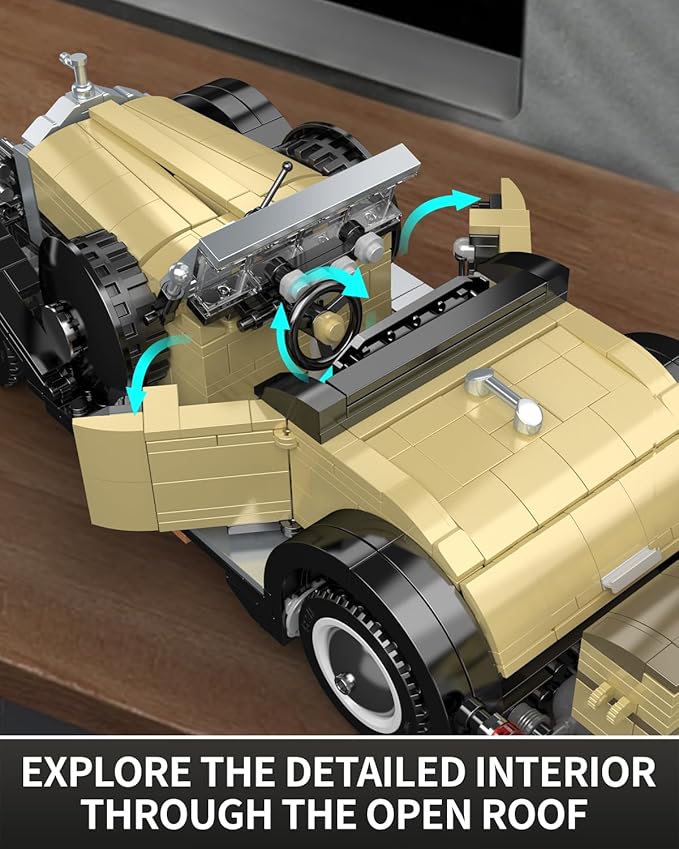 Mould King 10115 Classic Vintage Car Building Kit Retro Car Building Blocks Sets 1:16 Scale Convertible Sports Cars Display Model Collectible Set for Adults to Build Toys for Youth(897 Pieces)