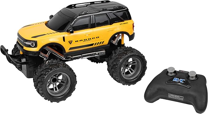 New Bright #1688 11.5 Radio Control Ford Bronco RC Car 1:16 Scale 2.4GHz Remote Forward/Reverse Left/Right Steering 100ft Range Durable Plastic Kids 6+ Easy Controller Yellow Finish