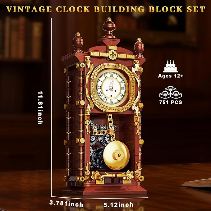 Vintage Retro Swing Clock Building Set Pendulum Clocks Building Block Toys with Functional Mechanical Model Kit Compatible with Lego Home Decor Gift for Adults Teens 14+ (751 PCS)