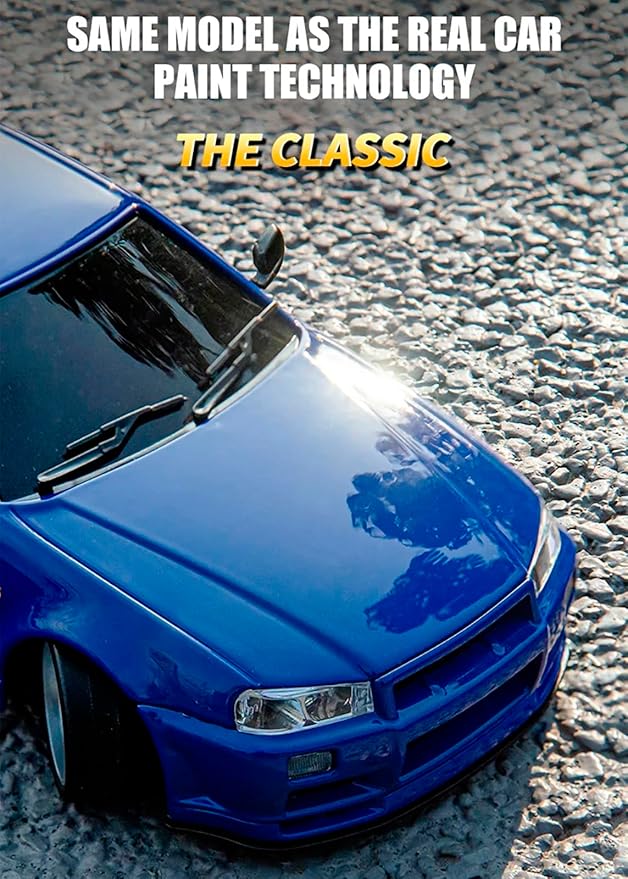 LD1899 1/18 RC Drift Car GTR R34 2.4GHz RWD with Gyroscope on-Road Alloy Body Shell Racing Cars Radio Control (Blue)