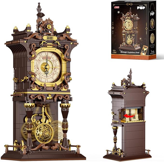 JAKI Vintage Swing Clock Building Blocks Set Real Working Mechanical Clock with Moving Pendulum &amp Rotating Dial Retro Steampunk Home Decor Gift for Adults &amp Teens Gifts for Birthdays and Chr