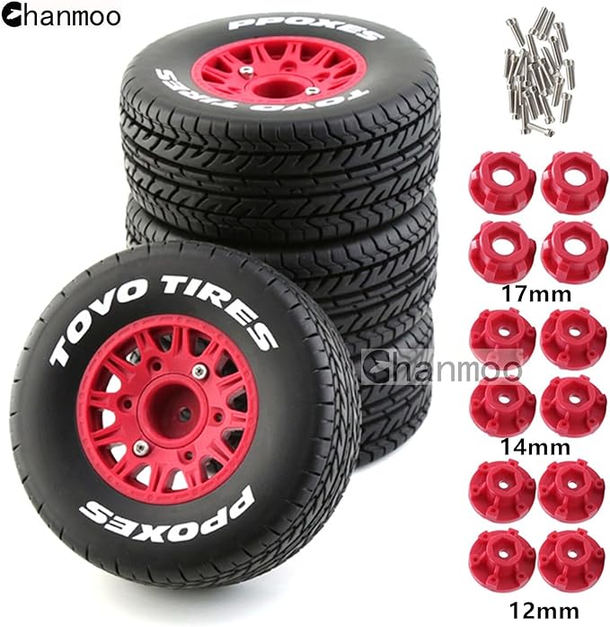 1/10 RC Short Course Truck Tires And Wheels With 12mm 14mm 17mm Hex 113mm 1/8 Rubber Tyres For 1/8 or 1/10 Scale On Road Car HSP Sonic 94102 GT PTG-2 Tamiya TT02 RC Racing Car 4PCS (Red A)