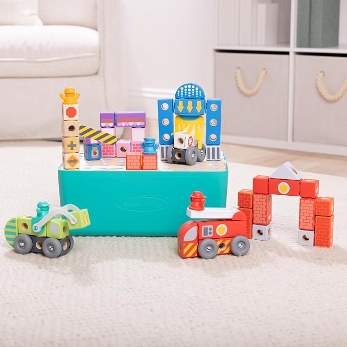 Melissa &amp Doug Blockables™ Deluxe City Snap and Play Mix and Match Connectable Wooden Building Blocks Set with Storage Bin and Play Lid (122 Pcs) Ages 2 to 7- FSC Certified