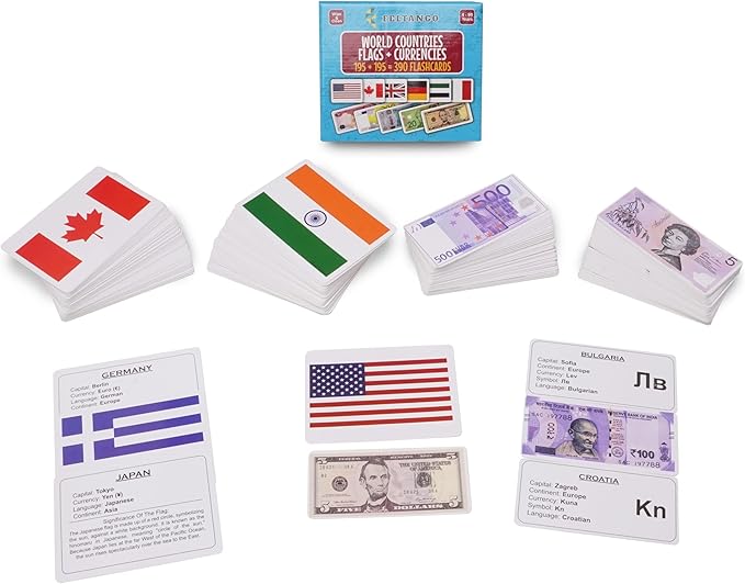 World Country Flags Flash Cards for Kids Currency Flash Cards 195 + 195 = 390 Educational Country Geography Games Cards