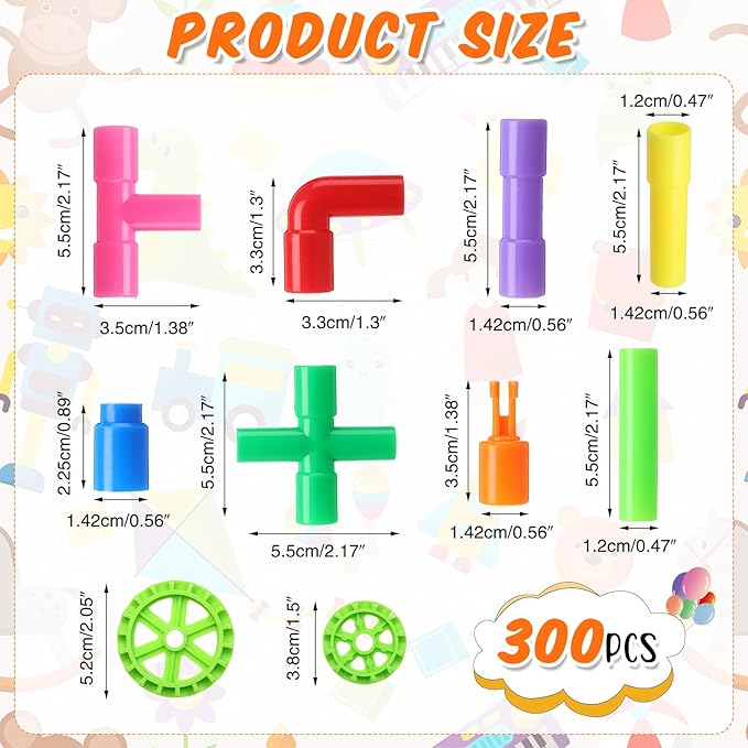 Libima 300 Pcs Tubular Pipes Building Blocks for Kids Over 6 Years Old Stem Building Toy Colorful Tube Pipe Toy Construction Set for Toddlers Educational Preschool Learning