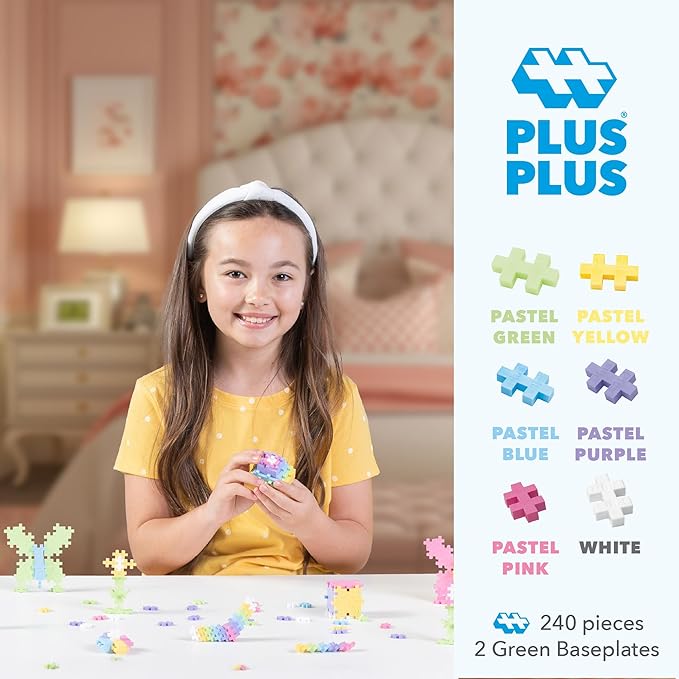 PLUS PLUS 240 Piece Interlocking Building Blocks for Kids Open Ended Connecting Toys STEM Bin Mini Manipulatives - Pastel Mix Play Tube &amp Baseplate