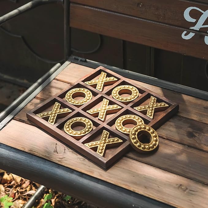 NIKKY HOME Tic Tac Toe Game Coffee Table Decor 10.6 Inch Rustic Wooden Board Gold