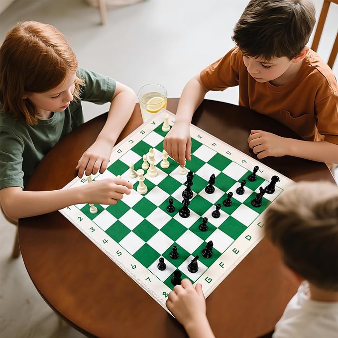 Chess Set with Green &amp White 19.7x19.7 Foldable Board 3 Non-Weighted Standard Pieces Portable Travel Chess Game for Kids &amp Beginners Classic Strategy Set with Storage Bag