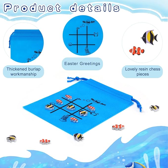 Sotiff 36 Set Tic Tac Toe Game Bulk for Boys Girls Ocean Tropical Fish Gifts Blue Tic Tac Toe with Bag Classroom Prizes Games for Students School Exchange Birthday Party Favor Supplies 5.9x7.9''