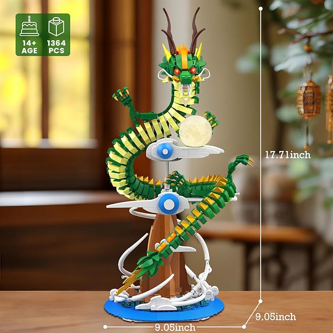 NUTCRACKER Dragon Building Blocks Set for Adult Lighting Dragon Building Display Model with Light Ball Cool Animal Dragon Toy Building Set Easter Birthday Gifts for Boys Girls 14+ (1364 Pieces)