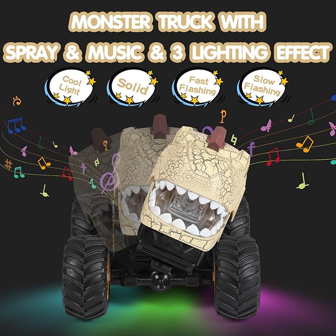 DYODYORC Remote Control Car 2.4Ghz All Terrain Dinosaur Monster Truck Toys RC Truck with Spay Music 3 Lighting Effects Stunt Capable Toy Gifts for Boys and Girls (Yellow)