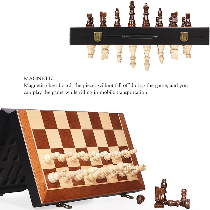 Chess Magnetic Wooden Chess Set 15 Unique Chess Board Game with Chess Pieces Storage Slots Tournament Portable Folding Travel Chess Sets for Kids Adults Beginner and Pros 2 Extra Queens