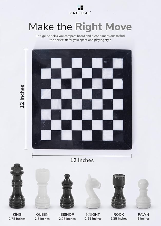 Radicaln Marble Chess Set 12 Inches Black &amp White Handmade Classic Board Games for Adults Luxury Marble Chess Board &amp 32 Pieces Adult Board Game