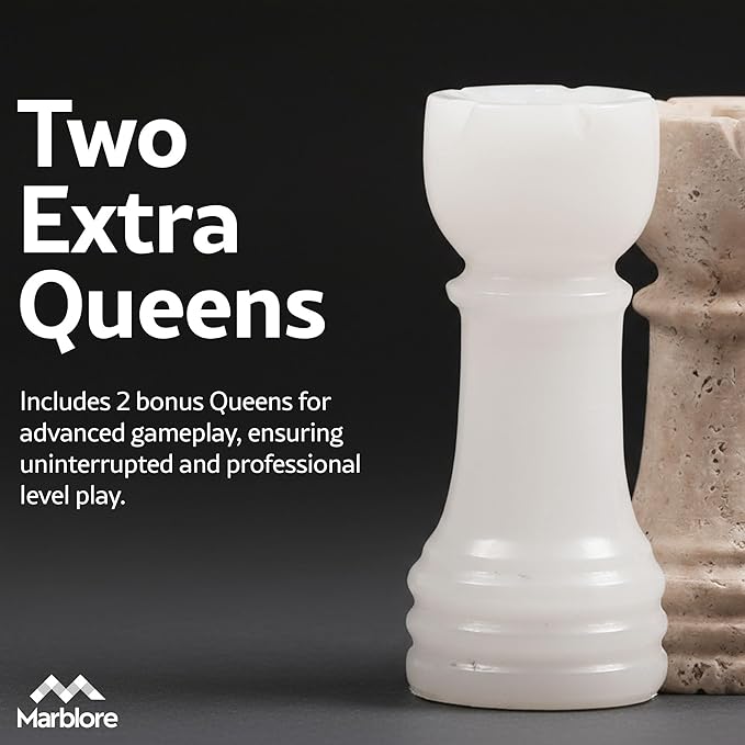 Marble Chess Set 10 Inch Handmade White &amp Travertine Chess Board with 32 Pieces &amp 2 Extra Queens Classic 2 Player Chess Game for Adults Elegant Gift for Women's and Perfect for Game Nights