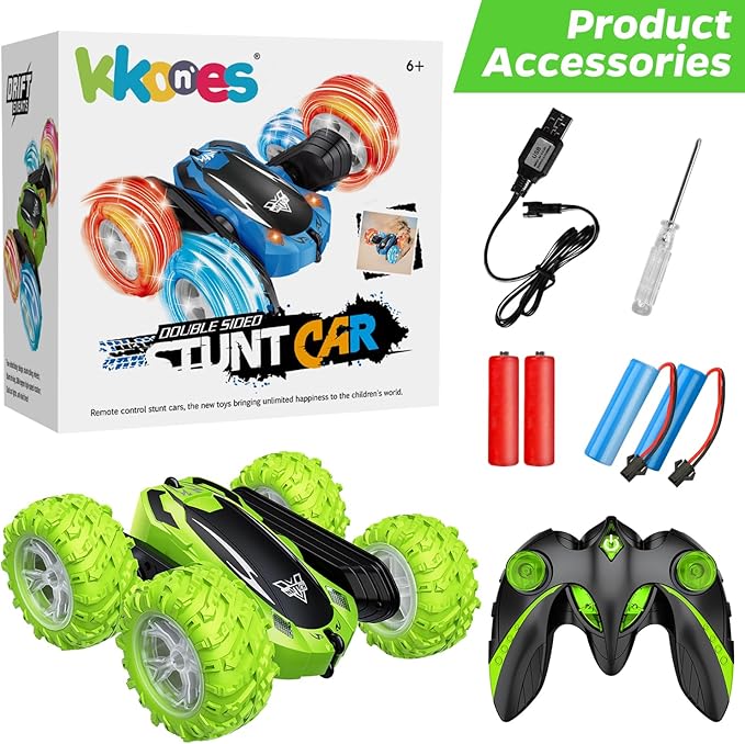 KKONES Remote Control Car 2.4GHz Electric Race Stunt Car Double Sided 360° Rolling Rotating Rotation LED Headlights RC 4WD High Speed Off Road Gift for 3 4 5 6 7 8-12 Year Old Boy Toys (Green)