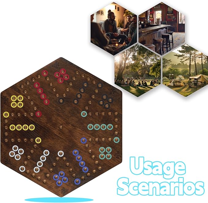 Wahoo Board Game - 23.6 inch Marble Game Board with 24 Glass Marbles and 6 DiceSolid Wood Double-Sided Game Board for 4 or 6 Players - Family and Party Game