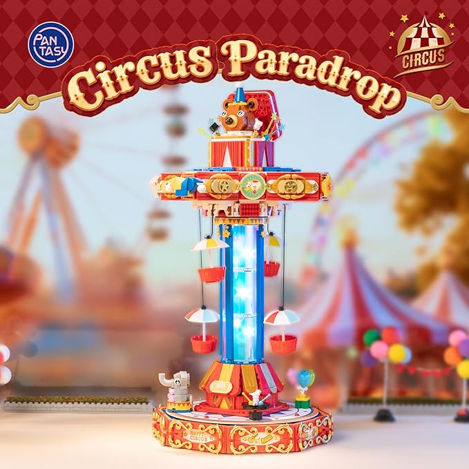 PANTASY Circus Paradrop Building Block Set Retro Carnival Display Model with LED Lights Motorized Moving Ride Colorful Star Columns Magic Box Teddy Bear Type-C Powered Interactive Adult Collector