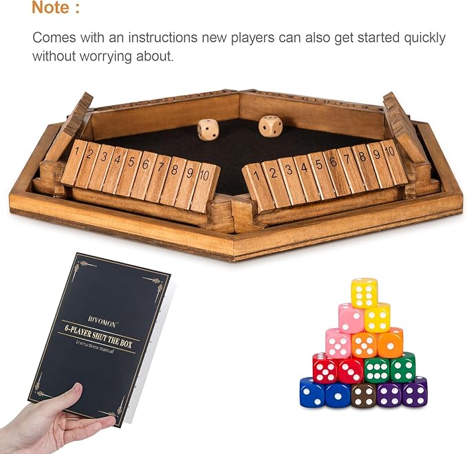 1-6 Players Shut The Box Dice Game Wooden Board Table Math Game for Kids Adult with 24 Dice Close The Box Game for Family Party Christmas Birthday