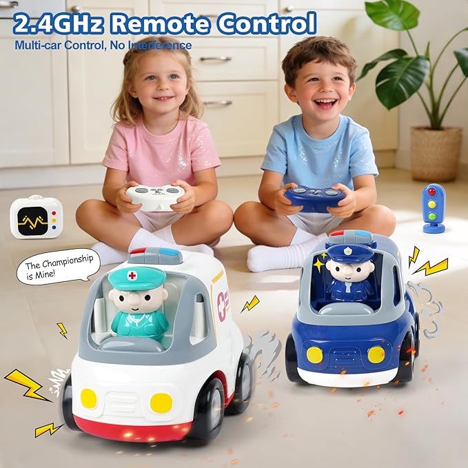BEMITON 2.4GHz Remote Control Toy Cars for Toddlers - Interactive Police Car &amp Ambulance with Lights and Music Birthday Gifts for Boys and Girls Ages 18+ Months 2 3 4 5 Year Old