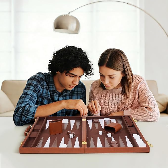 Large 3-in-1 Chess Set &amp Checkers Backgammon Set – 19 Folding Leather Chess Board with Handle Acrylic Chess Pieces &amp Checkers 4 King with 2 Extra Queens Luxury Travel Board Game Set