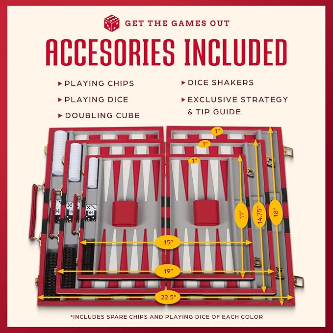 Get The Games Out Top Backgammon Set - Classic Board Game Case - Best Strategy &amp Tip Guide - Available in Small Medium and Large Sizes (Red Medium)