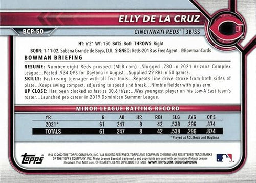 2022 Bowman Chrome Prospects Baseball #BCP-50 Elly De La Cruz Pre-Rookie Card - 1st Bowman Chrome Card