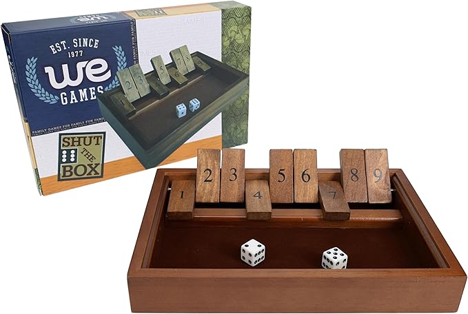 WE Games Shut The Box Game Wooden – 9 Number Flip Tiles with Dark Stained Wooden Box Perfect for Game Night Math Games Clackers Family Games Adult Dice Games Board Games for Adults 11 inches