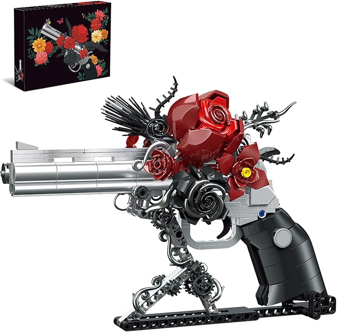 Guns &amp Petals Decorative Revolver Building Blocks with Red Roses Gothic Rose Revolver Building Kit Gothic Style Display Piece Creative Gift for Adults Teens 631 PCS