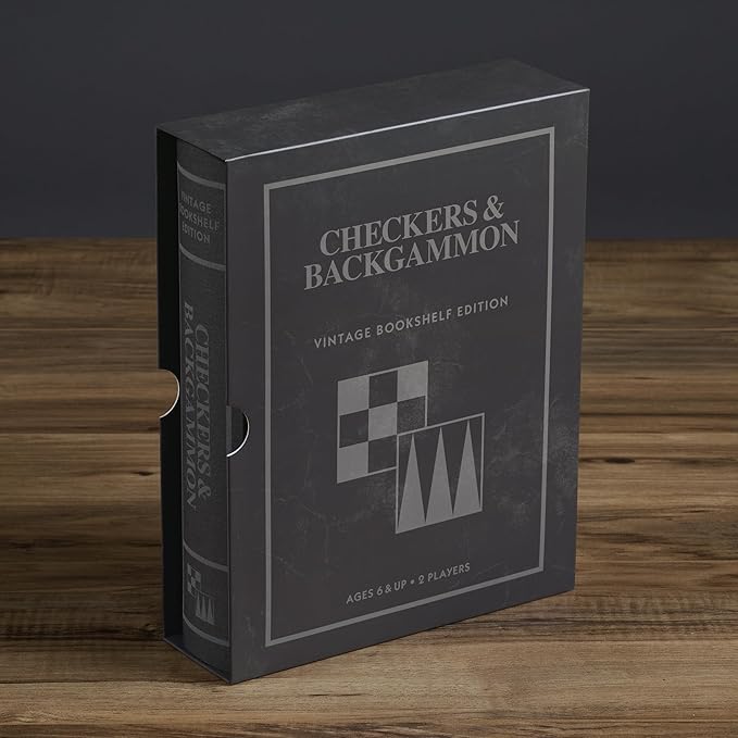 Checkers and Backgammon Vintage Bookshelf Edition by WS Game Company Linen Wrapped Book Box &amp Slipcase - Reversible Board Wooden Pieces - Checkers and Backgammon Sets for Adults &amp Kids Ages