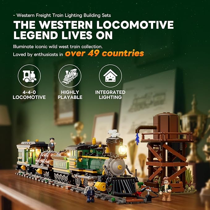Wild West Freight Train Lighting Building-Bricks Set - Classic 4-4-0 Locomotive Model 1524 Pcs Ideas Kit for Adult and Teens