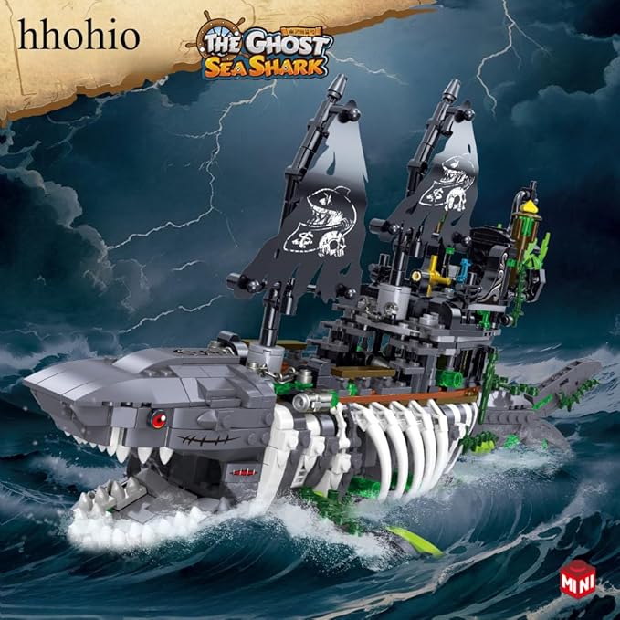 Pirate Ship Building Toys Creative Ghost Shark Pirate Ship Building Sets Jaws Model Ship Building Bricks Set for Kids(1155 PCS)